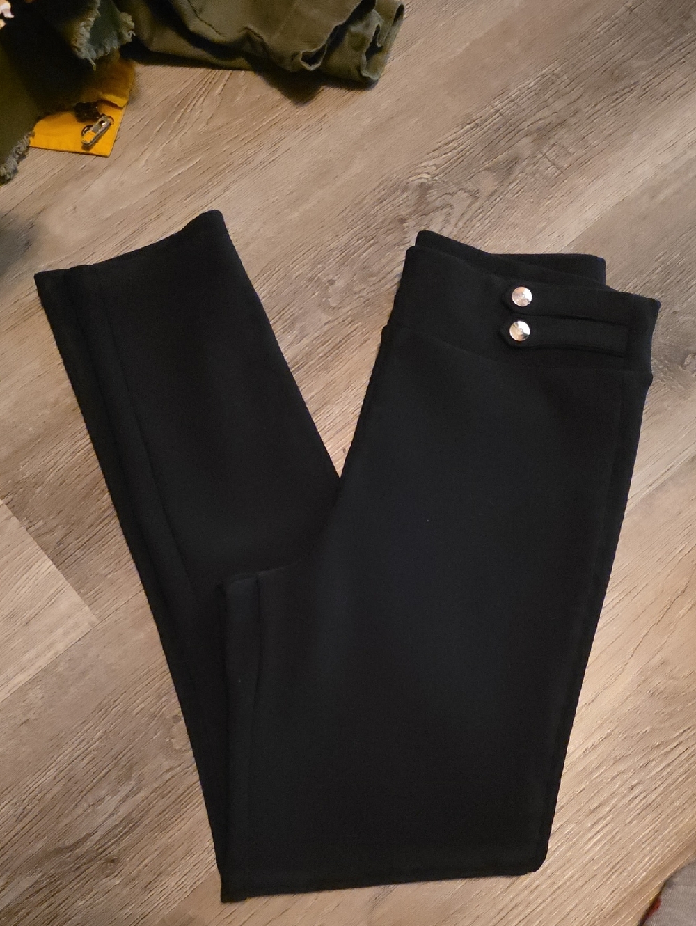 Black Ponte Slim Leg Pants with Button Detail